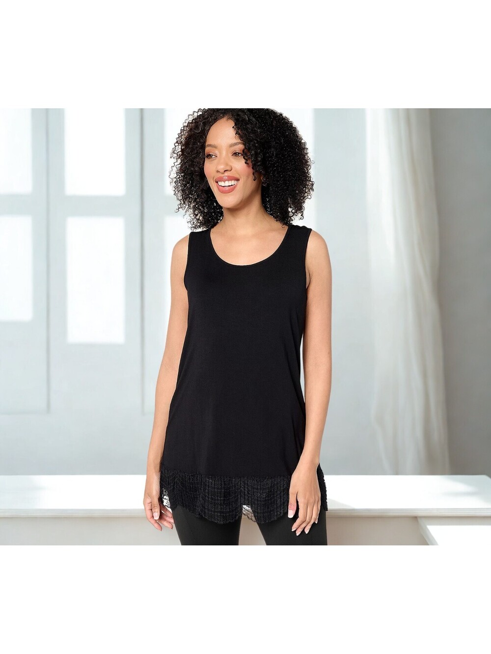 LOGO Layers by Lori Goldstein Knit Tank with Lace Trim Size XS